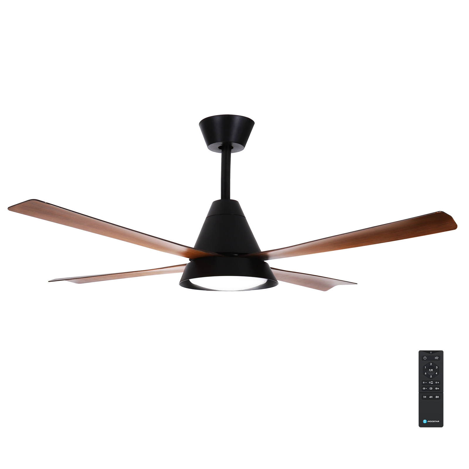 Aigostar ventilador de techo silencioso con luz 4 aspas de imitación de madera motor reversible uso en invierno y verano temporizador 6 velocidades ajuste de brillo y color ahorro de energía Negro