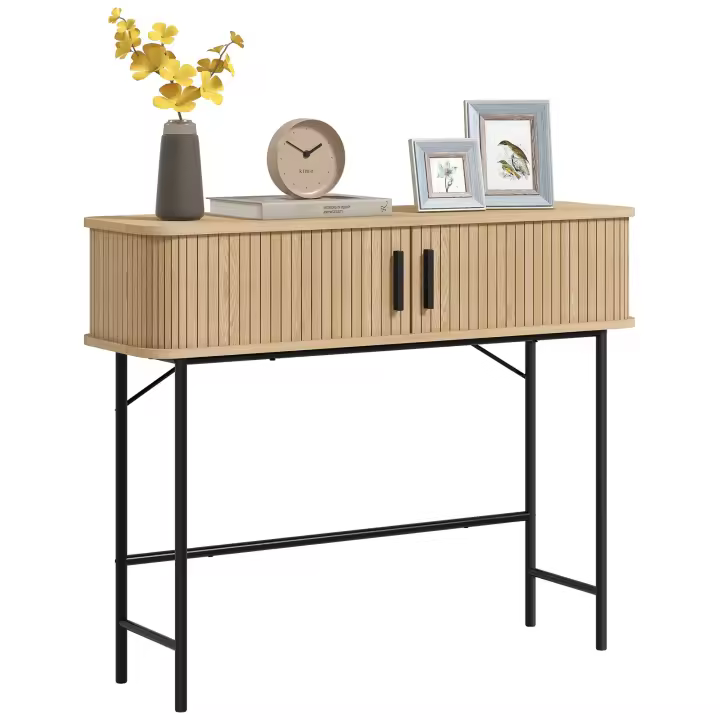 HOMCOM Mesa Consola Vintage Mueble para Recibidor con 2 Puertas Correderas de Tambor y Compartimientos Consola para Recibidor Entrada Pasillo 100x30x80 cm Roble - 1