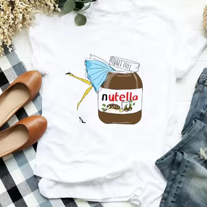 Camiseta Mujer Nutella Estampado Moda Harajuku Casual Blanca Top Verano Nuevo Ropa Femenina T-Shirt Cuello Redondo Manga Corta - 1