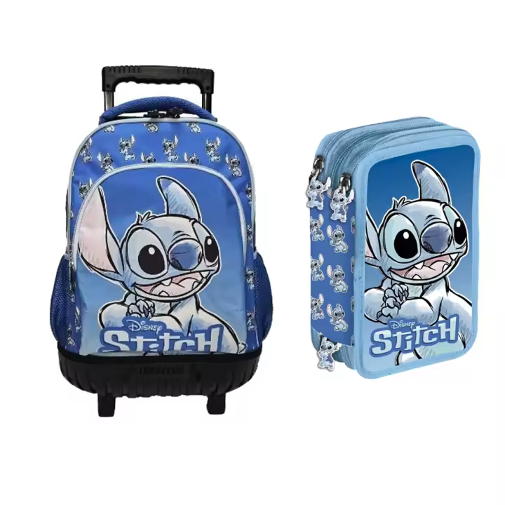 Mochila escolar stitch - Mochila grande de 2 piezas con carrito de 45 cm y estuche de 3 cremalleras para niños - Diseño de dibujos animados - Licencia oficial - 1