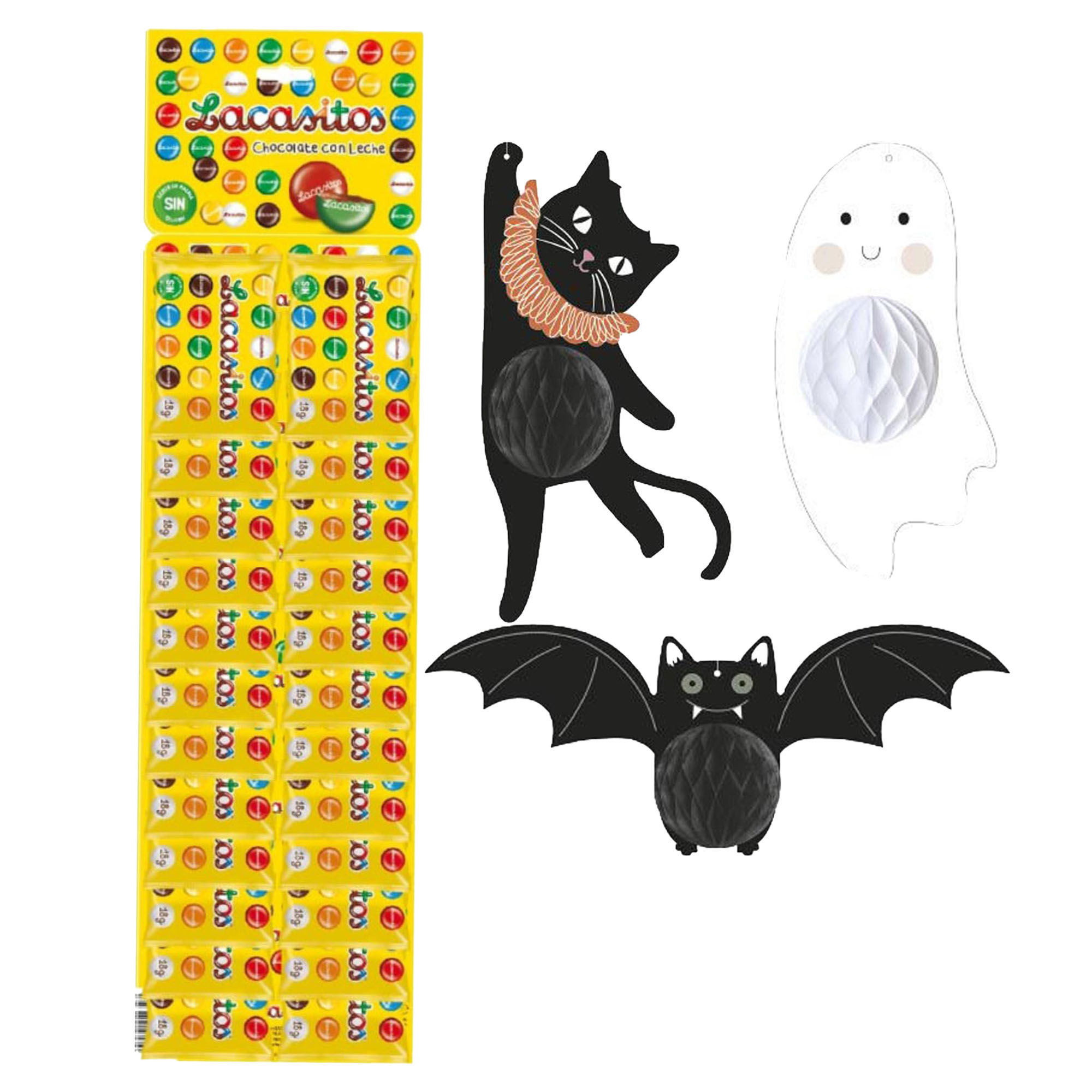 Pack de Halloween con Lacasitos Bolsitas 18G y Set De Gato, Murciélado Y Fantasma Decorativos Para Halloween – La sorpresa más dulce