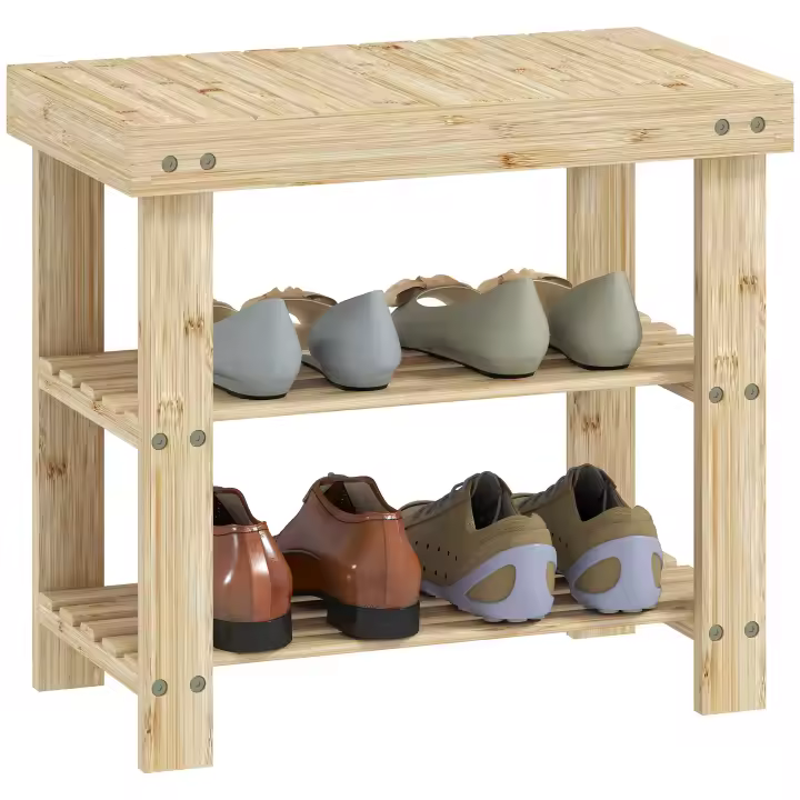 HOMCOM Banco Zapatero de Bambú Zapatero con Asiento Organizador de Zapatos de 3 Niveles para 6-9 Pares Zapatos para Entrada Salón Dormitorio 70x28x45 cm Natural - 1
