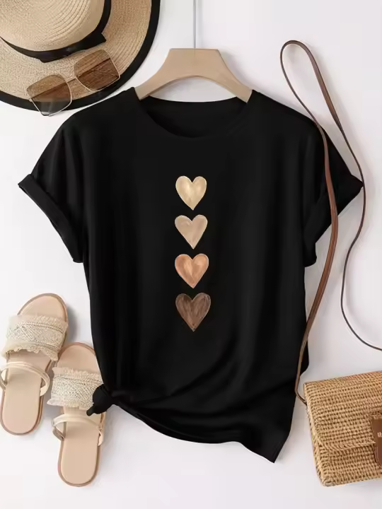 Camiseta Casual Para Mujer Con Impresión De Cuatro Corazones Camiseta De Amor Estilo Tatting De Poliéster Manga Corta Moda Primavera/Verano - 1