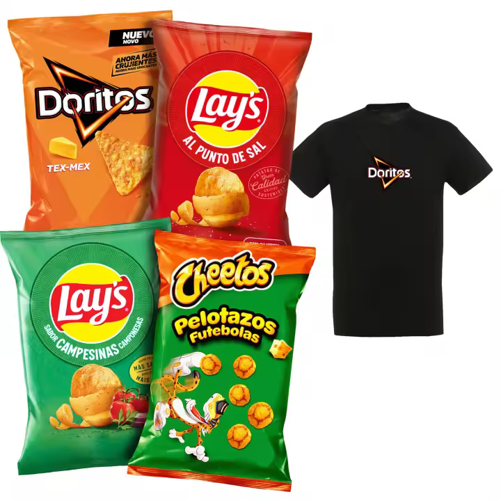 Pack Variado PEPSICO de 8 Bolsas LAY’S Sal, LAY’S Campesinas, CHEETOS Pelotazos, DORITOS Tex Mex, 4 Packs de 2 Bolsas Individuales para Aperitivo y Consumo Diario + Camiseta de Regalo - 1
