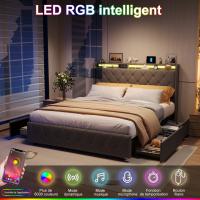 Cama individual 140×200 cm con cabecero acolchado, iluminación LED RGB, puerto USB y Type‑C, 2 cajones de almacenamiento móvile - details 1