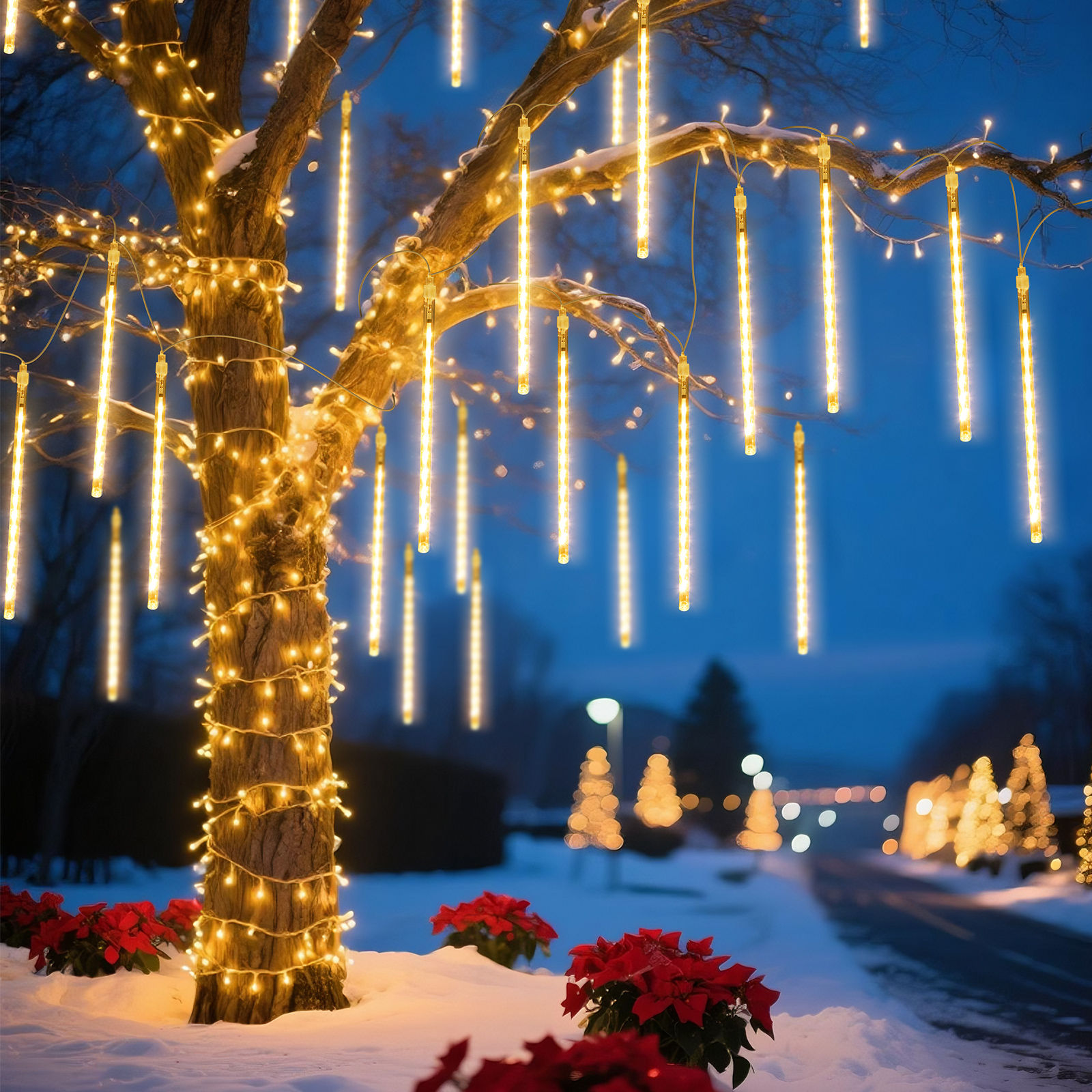 Aigostar Luces Decorativas de Lluvia de Meteoritos 5 m con 192 LEDs Blanco Cálido, 8 Tubos 30 cm, Navidad