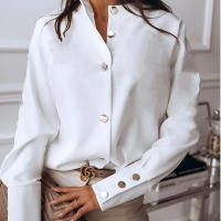 Blusa De Mujer Casual De Manga Larga 2026 Cuello Erguido Oficina Blanco Negro Suéter De Poliéster Y Spandex Cierre Botón - details 1