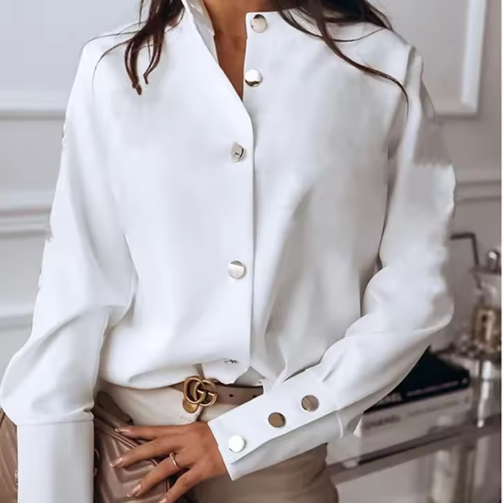 Blusa De Mujer Casual De Manga Larga 2026 Cuello Erguido Oficina Blanco Negro Suéter De Poliéster Y Spandex Cierre Botón - 1