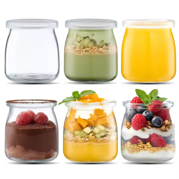 Tarro de vidrio para pudín de yogur de 200 ml con tapa de plástico, mini vaso, botella de vidrio pequeña (6 unidades) - 1