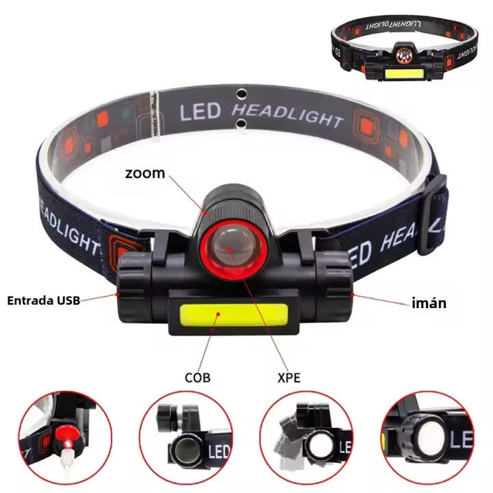 Linterna Frontal LED Recargable Super Brillante Con Magnete De Cola Y Doble Fuente De Luz COB XPE Y Work Light Impermeable Para Camping - 1