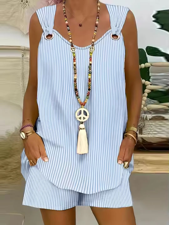 Conjunto De Mujer De Talla Grande Verano Rayado Estilo Casual Polyester Elástico Medio Ajuste Regular Para Edad Media - 1