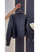 Chaqueta De Cuero Negro Retro Americana Suelta Para Mujer Estilo Locomotora Primavera Otoño Cierre De Botones Motociclista Sin Capucha - details 0