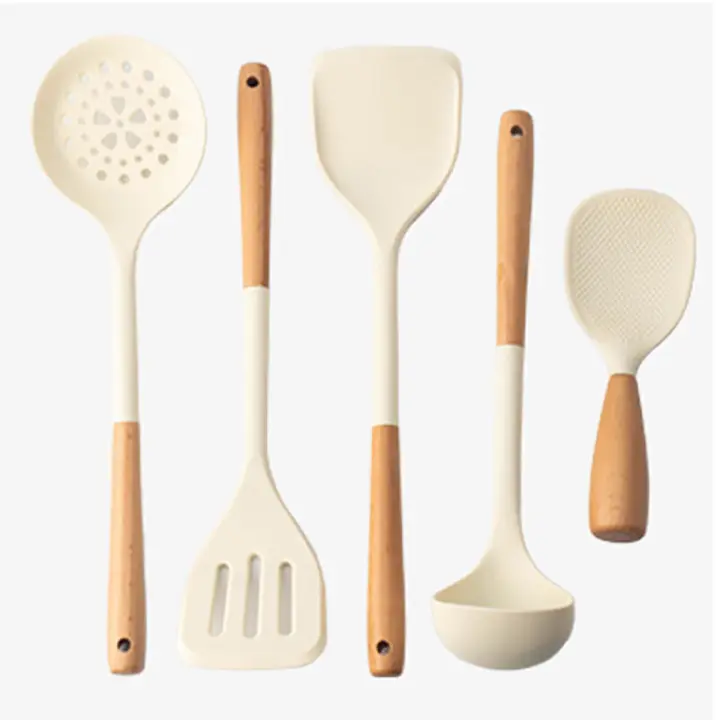 Set De Utensilios De Cocina De Silicona 5 Piezas Con Mango De Madera No Atrapa Adherido Espátula Antiadherente Cuchara De Fritura Cuchara De Arroz Herramienta De Cocina Ecológica - 1