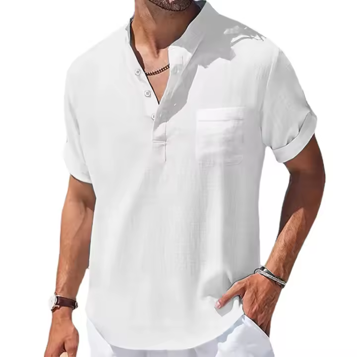 TK Camisa De Algodón Y Lino Para Hombres Verano Cuello Henry Camiseta Casual Manga Corta Ropa Masculina Transpirable Y Ligera - 1