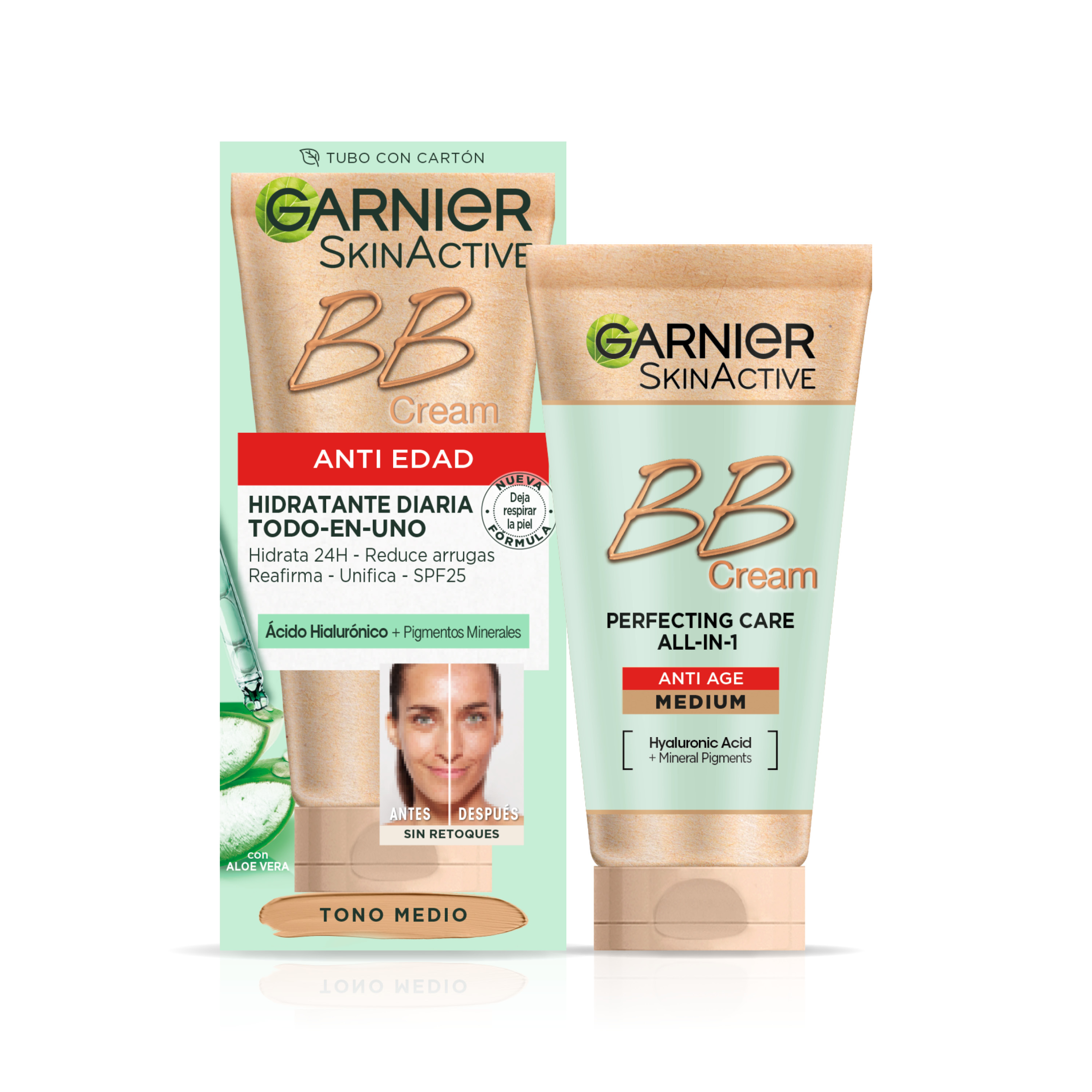 Garnier SkinActive BB Cream Anti Edad Tono Medio. Hidratante Todo en Uno con Color con SPF25 Ácido Hialuronico,Extracto de Aloe Vera y Pigmentos Minerales, Hidrata, Unifica, Reduce arrugas y Reafirma la piel- 50ML
