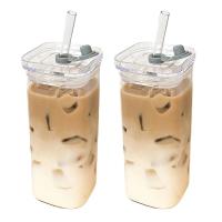 2PCS Vaso De Café Cuadrado Resistente Al Calor Con Tapa Y Pajita Para Leche Y Jugo Vidrio Transparente Para Hogar Y Barra De Bebidas Ecológicas - details 9