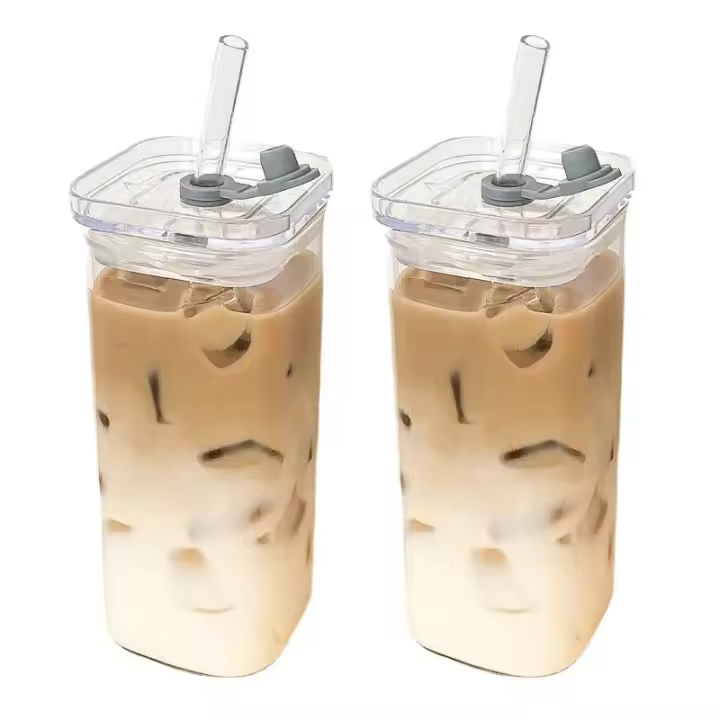 2PCS Vaso De Café Cuadrado Resistente Al Calor Con Tapa Y Pajita Para Leche Y Jugo Vidrio Transparente Para Hogar Y Barra De Bebidas Ecológicas - 1