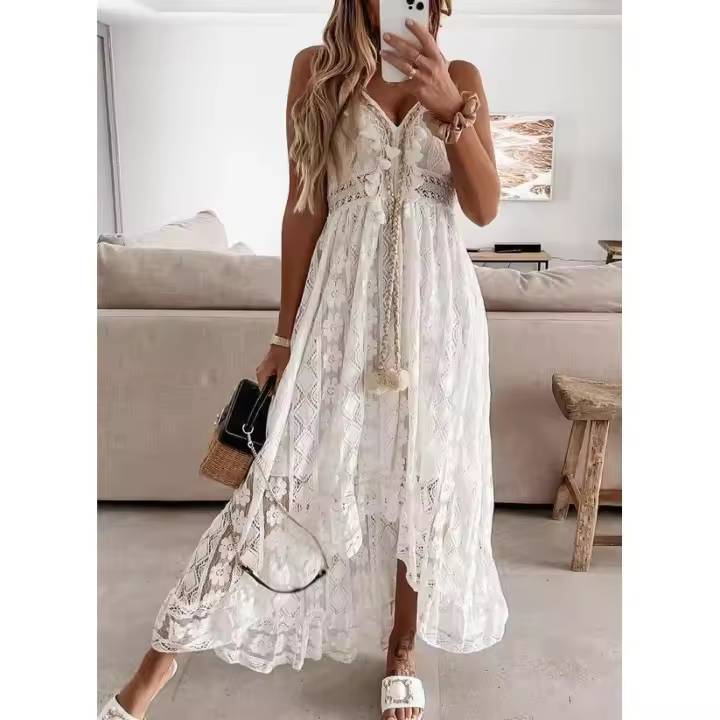 CA Sin Mangas, Cuello en V, Vestido Fruncido con borlas, Vestido Largo con Volantes y Fruncido con Cordones para Mujer - 1