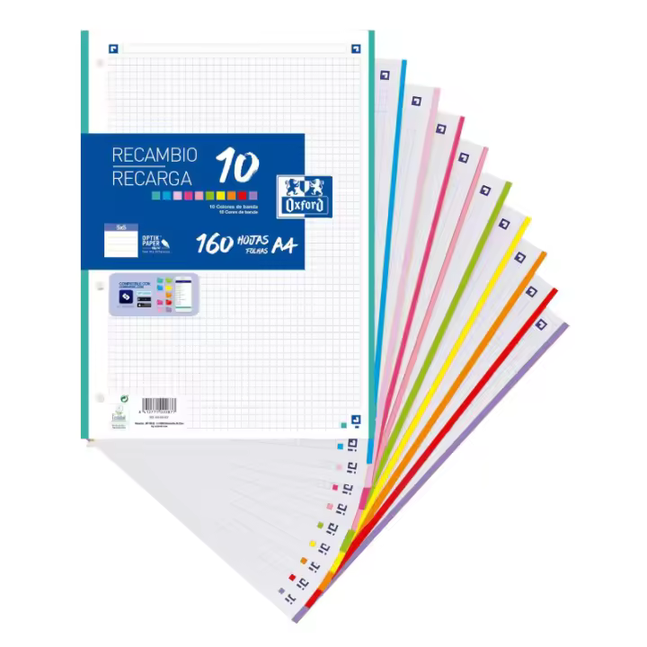 Recambio 10 colores Oxford 160 hojas - papel de 90 gramos OptikPaper+ la tinta no traspasa - cuadrícula 5x5 - compatible con la aplicación Scribzee para una mejor organización - ideal para la usos escolar - especial vuelta al cole 2025 - 1