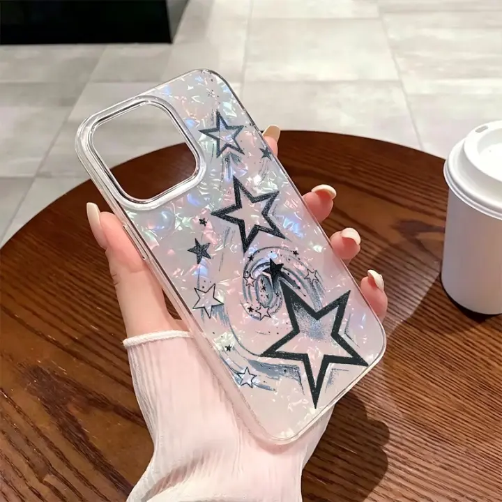 Funda De Teléfono Grunge Dibujo Negro Estrella Con Fondo De Perla Iridescente Brillante Funda Protectora Suave TPU Para Todos Los Modelos De iPhone - 1