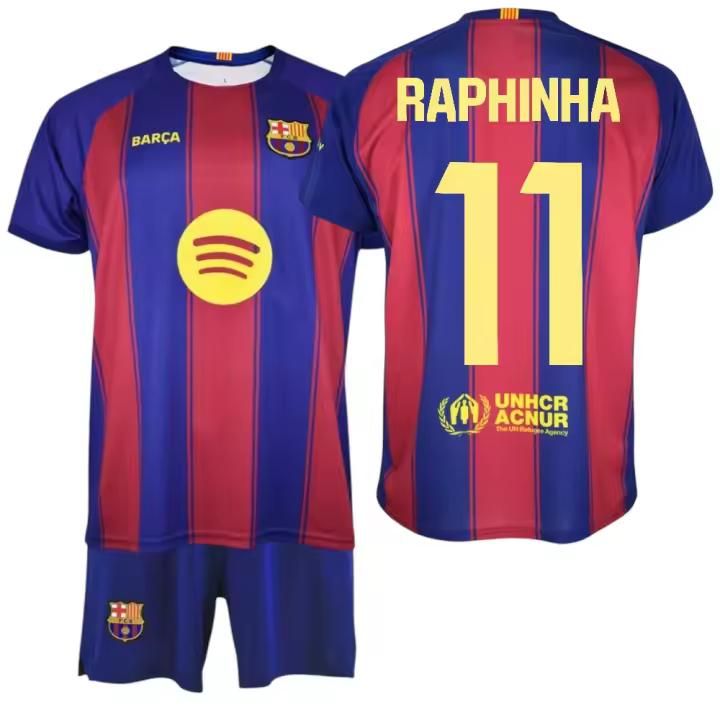 F.C Barcelona - Conjunto Camiseta y Pantalón Niño - Jugador RAPHINHA Nº11 - Diseño Blaugrana Clásico - Escudo Bordado - Tejido Transpirable - Ideal para regalo - 1