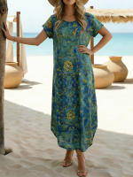 Vestido De Verano Para Mujer plus Talla Con Estampado Floral Cuello Redondo Manga Corta Casual De Vacaciones Largo Con Bolsillos A-Line Midi - details 0