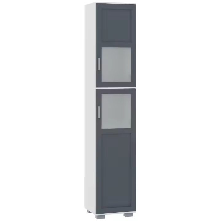 kleankin Armario Alto de Baño Mueble Columna de Baño con 2 Puertas de Vidrio Templado y Estantes Ajustables 37x35x190 cm Blanco y Gris - 1