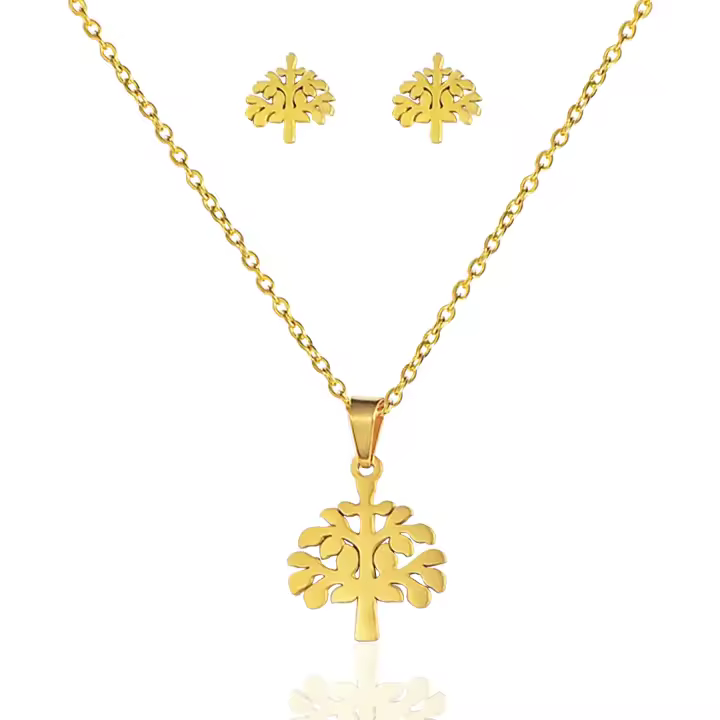 MOANATURA Conjunto Collar y Pendientes con Árbol de la Vida de Acero Inoxidable en color Dorado. Juego Colgante con Cadena y Aretes de Bisutería Fina para Mujer. Conjunto Joyas con Símbolos de Protección. - 1