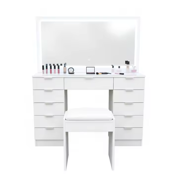 Tocador Maquille con espejo LED 110x40x135 cm | 11 cajones, encimera de cristal templado | Luz regulable en 3 tonos | Taburete acolchado | Sistema antivuelco | Diseño moderno ideal para dormitorio | Vestidor o estudio de maquillaje - 1