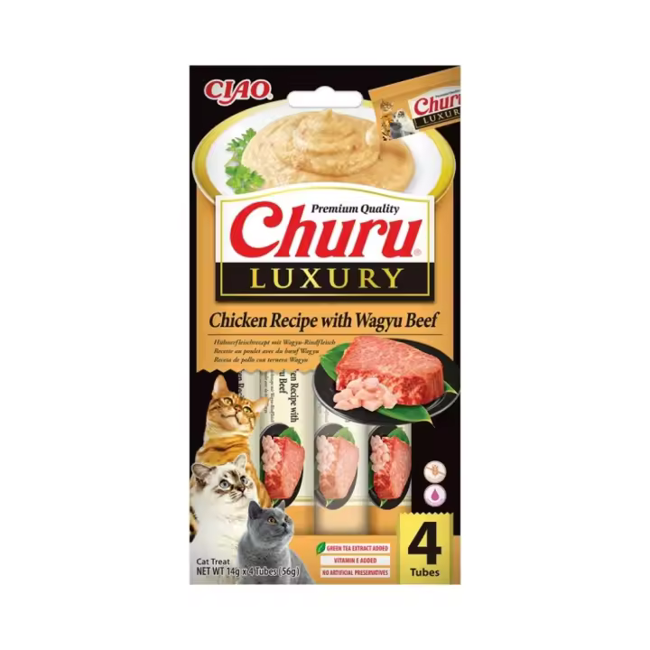 CHURU Luxury (4x14 gr) - Snack Cremoso Premium para Gatos Sin Cereales Sin Conservantes y Sin Colorantes (Atún con Bogavante, Atún con Langostinos, Atún con Lenguado ó Pollo con Wagyu) - 1