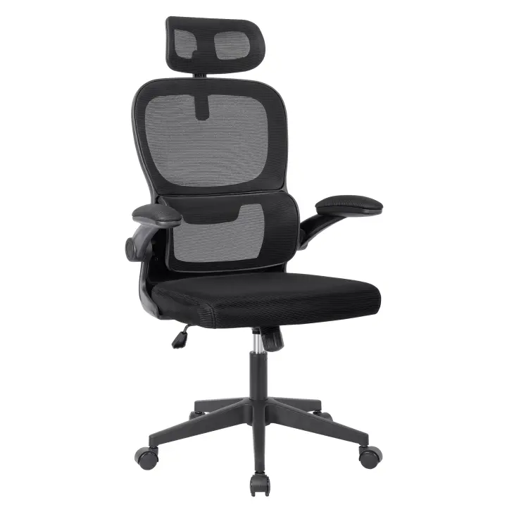 T-LoVendo - Silla de oficina ergonómica con respaldo de malla transpirable y reposacabezas ajustable | Asiento acolchado, reposabrazos abatibles y base resistente con ruedas giratorias | Diseño moderno - 1