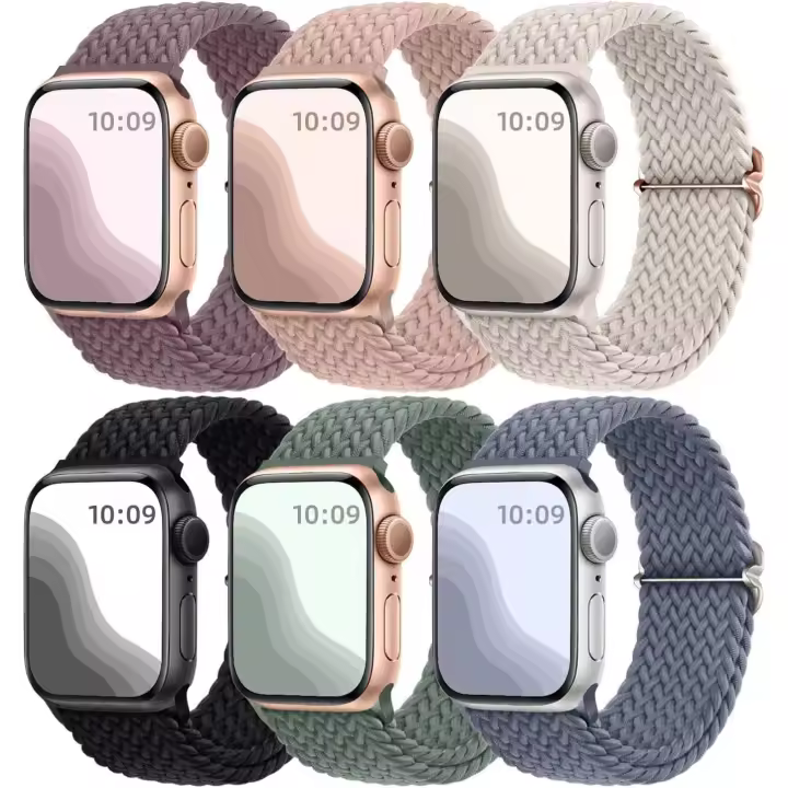Paquete de 6 Correas ajustables Solo Loop compatibles con Apple Watch de 44mm, 45mm, 42 mm y 49 mm para Mujeres y Helbres, Correa de Repuesto Deportivo elástico de Nailon ajustable - 1
