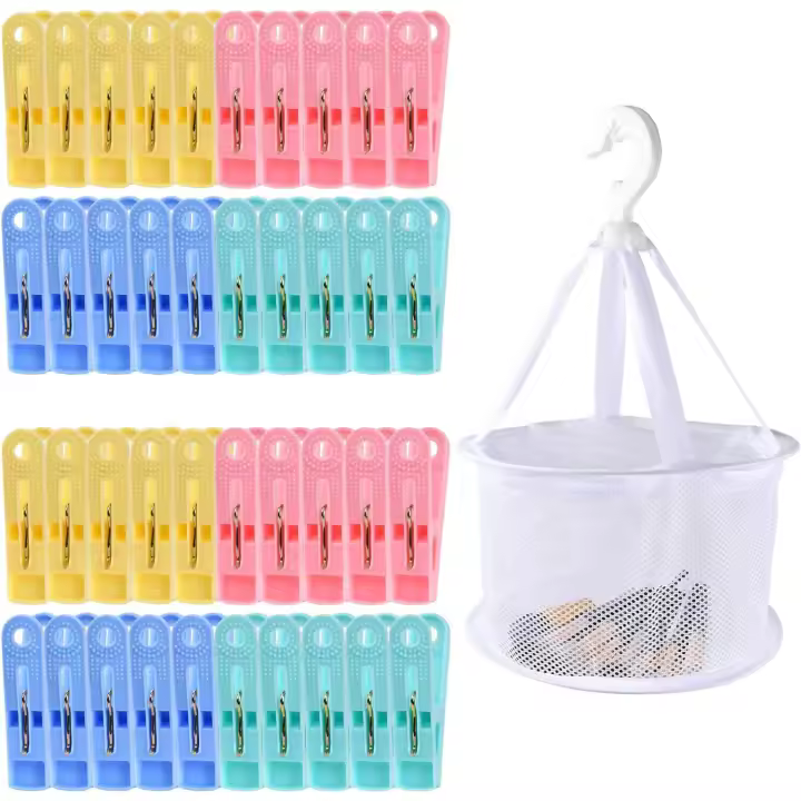 40 Pinzas de Tender de Plástico de Colores con Cesta para Pinzas, de tipo Bolsa de Malla Blanca, Pinzas de Colada para Ropa, Pantalon, Ropa Interior, Calcetines, Toallas de Playa. Accesorios para Tendedero - 1