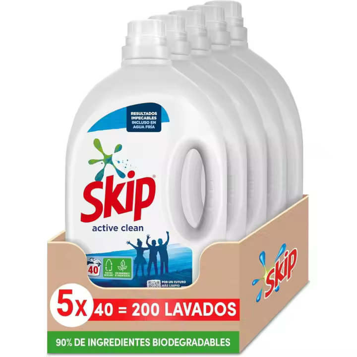 Skip Detergente Líquido Active Clean para Lavadora con Ingredientes de Origen Vegetal 5 Unidades de 2L (5x 40 Lavados) 200 Lavados - 1