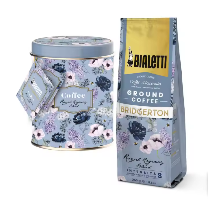 Café Molido Bridgerton Bialetti - Mezcla "Royal Regency Blend" 80% Arábica, 20% Robusta Sabor Pleno y Aterciopelado Lata Decorativa 250g - 1