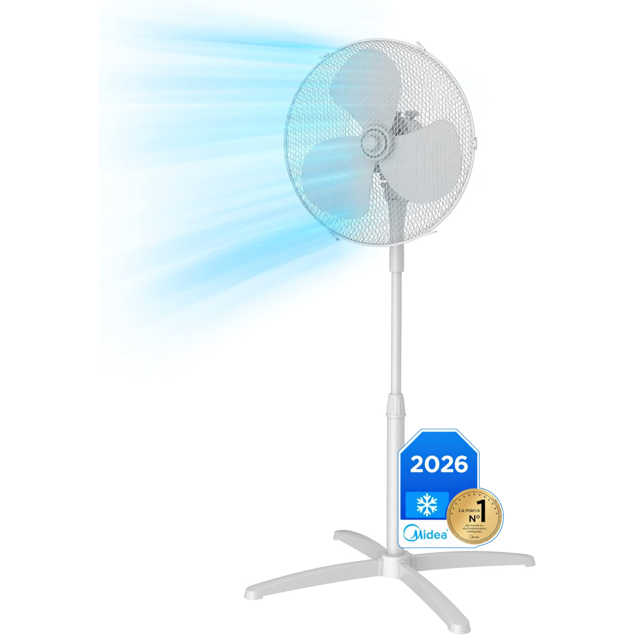 MIDEA Ventilador de Pie de 3 Velocidades y 40W - Ventilador Silencioso con Oscilación 90º y Altura Ajustable - Flujo de Aire Potente 40m3/min, Ligero y Fácil transporte, Cabezal Reclinable - 1 unidad