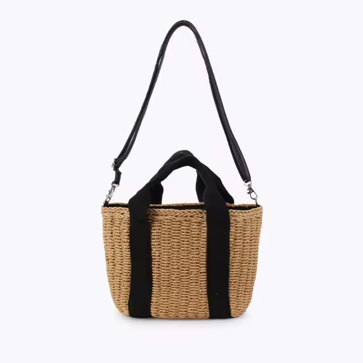 MOV Elegante bolso minimalista de papel tejido en cuerda, de color liso; bolso tejido a mano; bolso tote de gran capacidad; bolso de playa o de viaje. - 1