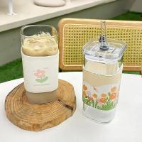2PCS Vaso De Café Cuadrado Resistente Al Calor Con Tapa Y Pajita Para Leche Y Jugo Vidrio Transparente Para Hogar Y Barra De Bebidas Ecológicas - details 1