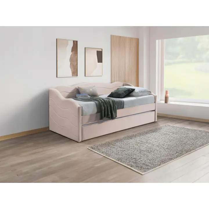 Vente-unique - Cama nido 2 x 90 x 190 cm - Terciopelo - Rosa - LENVIA - 1