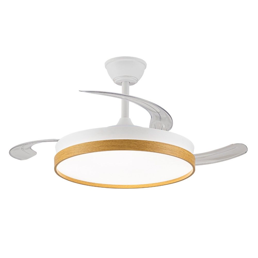 Akunadecor - Ventilador de techo modelo SECUOYA blanco/madera motor DC 6 velocidades Tecnología Led 45W sistema CCT 4400 Lúmenes, Control remoto con temporizador, luz regulable en color e intensidad, Memoria motor inverter verano/invierno ultra silencioso