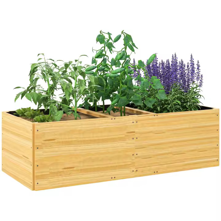 Outsunny Jardinera de Madera Jardinera Exterior Grande con 3 Zonas de Cultivo y Forro Jardinera Rectangular para Jardín Balcón Terraza 140x60x40 cm Natural - 1