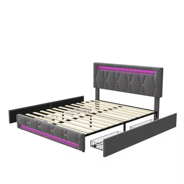 Cama tapizada capitoné con LED y USB, somier de láminas y 4 cajones de almacenamiento, gris, 140x200 cm / 160x200 cm - 1