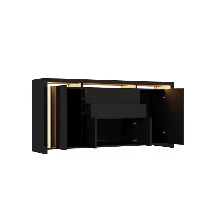 Aparador negro alto brillo con 4 puertas y 2 cajones, mueble de almacenaje moderno con iluminación LED y diseño minimalista elegante - 1