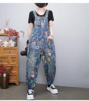 Traje De Piernas Anchas Para Mujer Con Estampado Floral Y Bolsillos Estilo Casual Streetwear Denim Rompers De Talla Grande Con Cinturones Y Mangas - details 0