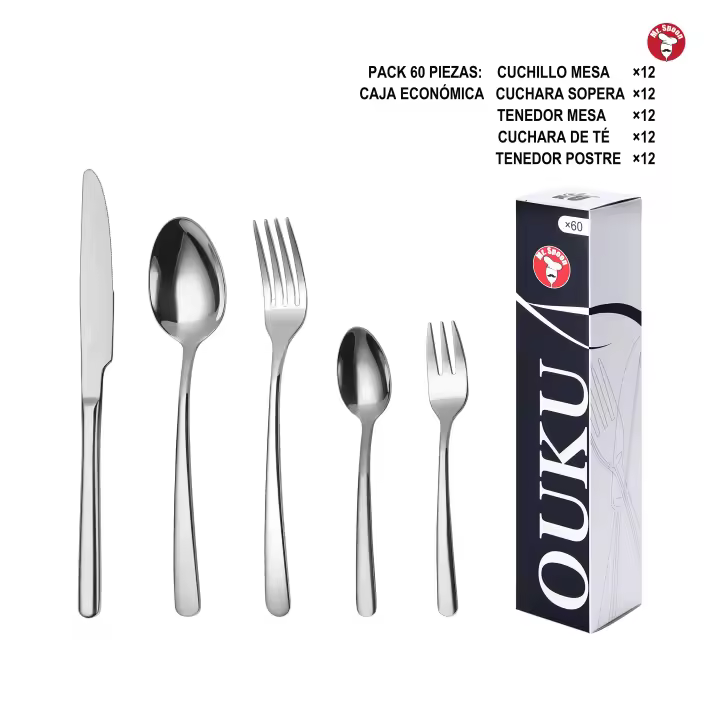 Mr.Spoon Serie Esencia Juego de 60 o 72 piezas cubiertos,Acero Inox 18/0,Económico y funcional,Incluye cuchillo de carne o mesa,tenedor,cuchara,cucharilla,etc,Mango monobloque,Apto para lavavajillas,Empaque ecológico,Ideal para casa,hotel,restaurante90302 - 1