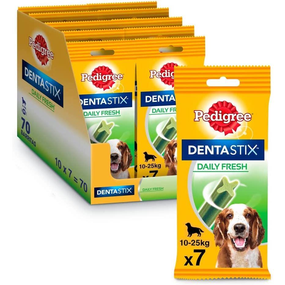 Pedigree Dentastix - Fresh Snack Dental para la Higiene Oral y Contra el Mal Aliento de Perros Medianos (10 paquetes de 7ud)
