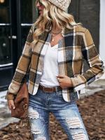 Chaqueta De Mujer Marrón Con Punto Negro Grande Cuello Erguido Abierto Para Otoño E Invierno Estilo Casual Material Poliéster - details 3