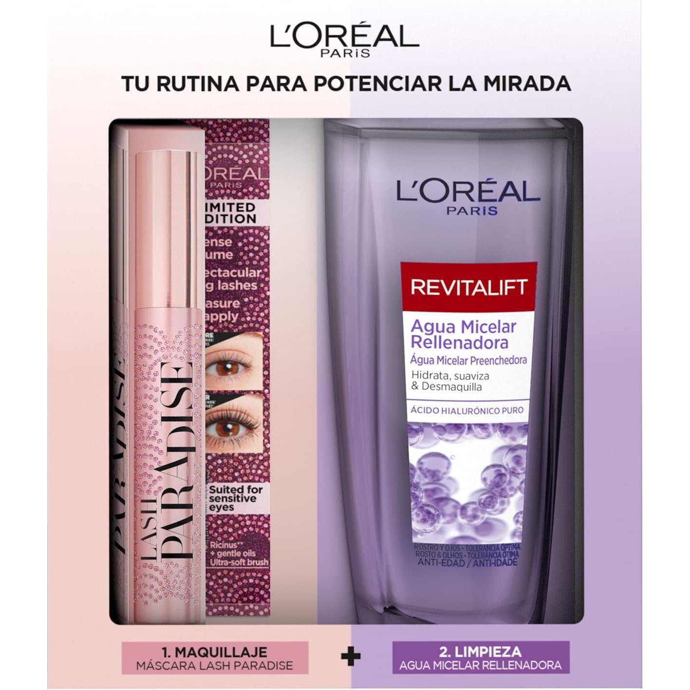 L'Oréal Cofre de maquillaje y cuidado de la piel, Máscara de Pestañas Lash Paradise y Agua Micelar Rellenadora Revitalift.