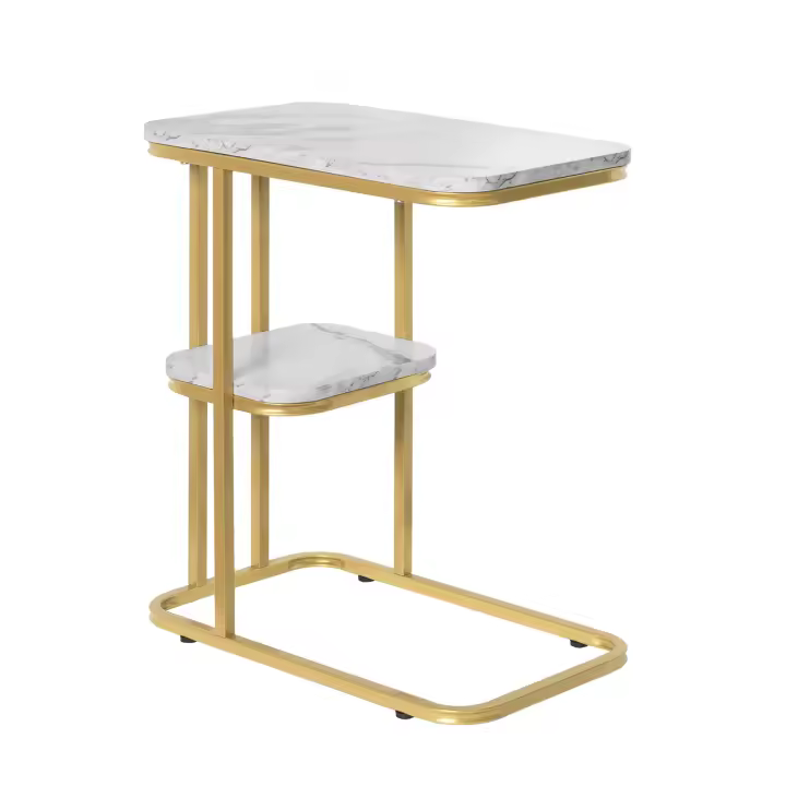 SoBuy FBT110-G Mesa Auxiliar Moderna con Extremo de café, sofá, Mesa de Centro, mesita de noche, Efecto mármol, Estructura de Metal Dorado, 50x30x58 cm ES - 1