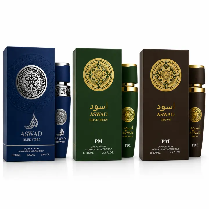 Pack de 3 Perfumes Árabes ASWAD Eau de Parfum 100 ml – Blue Vibes + Olive Green + Brown | Fragancias Premium para Hombre, Aromas Frescos, Orientales y Amaderados | Set de Regalo Elegante - 1